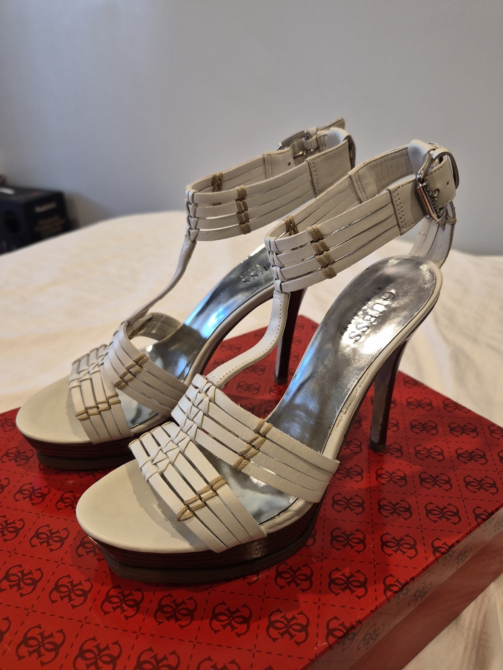 Guess Cream Woven Ankle-Strap Platform Heels